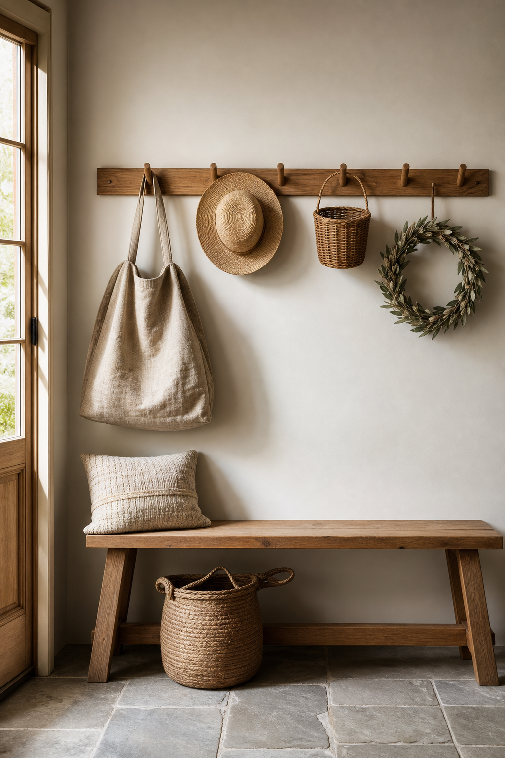 Minimal wood peg rail as wall hanging