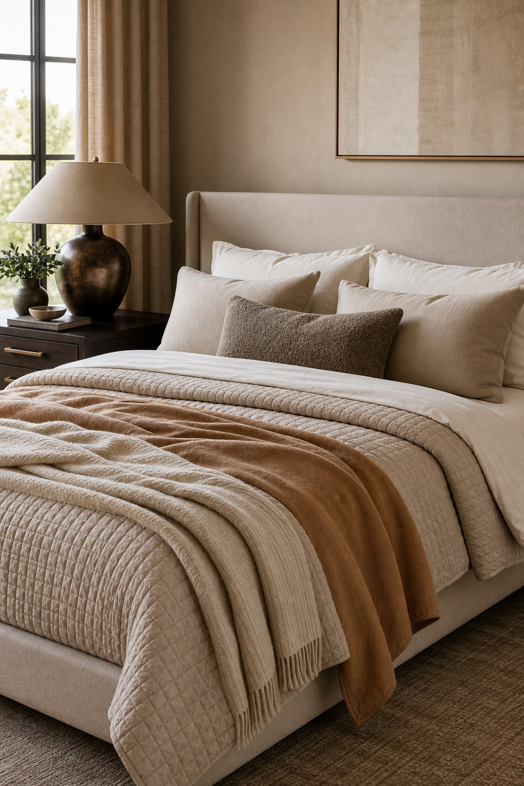 Warm neutral bedroom with layered oat, camel, and ivory bedding