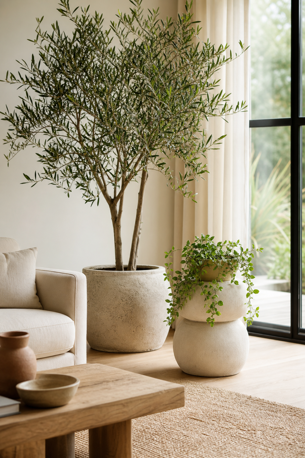 Aesthetic living room with sculptural planters and natural greenery