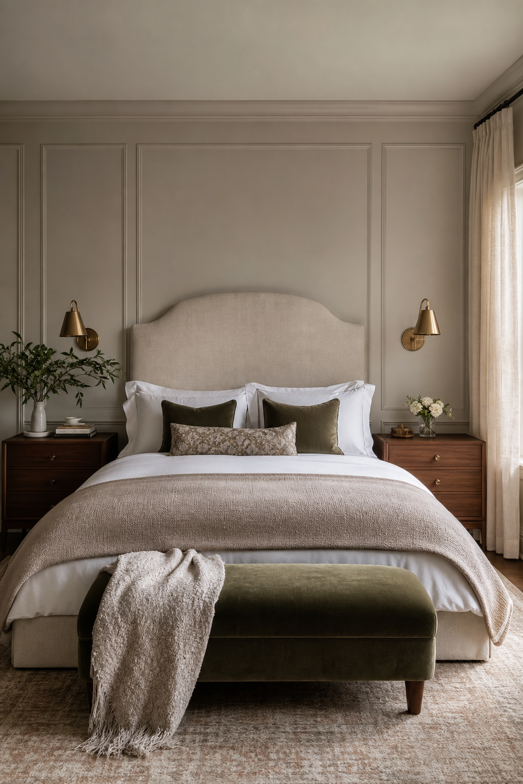 Boutique hotel style bedroom with upholstered headboard, layered bedding, and brass sconces