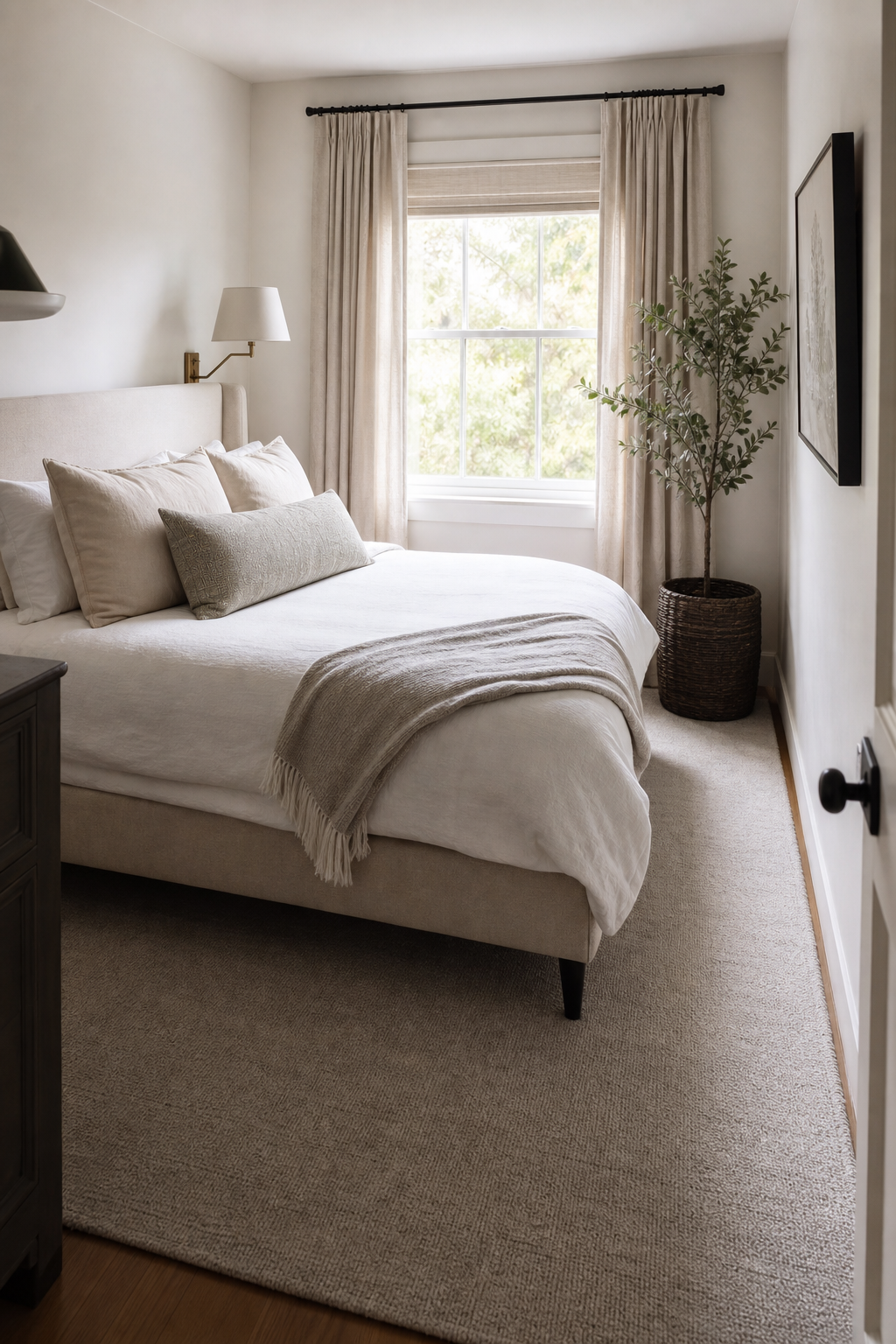 Small bedroom with a generous simple rug grounding the bed