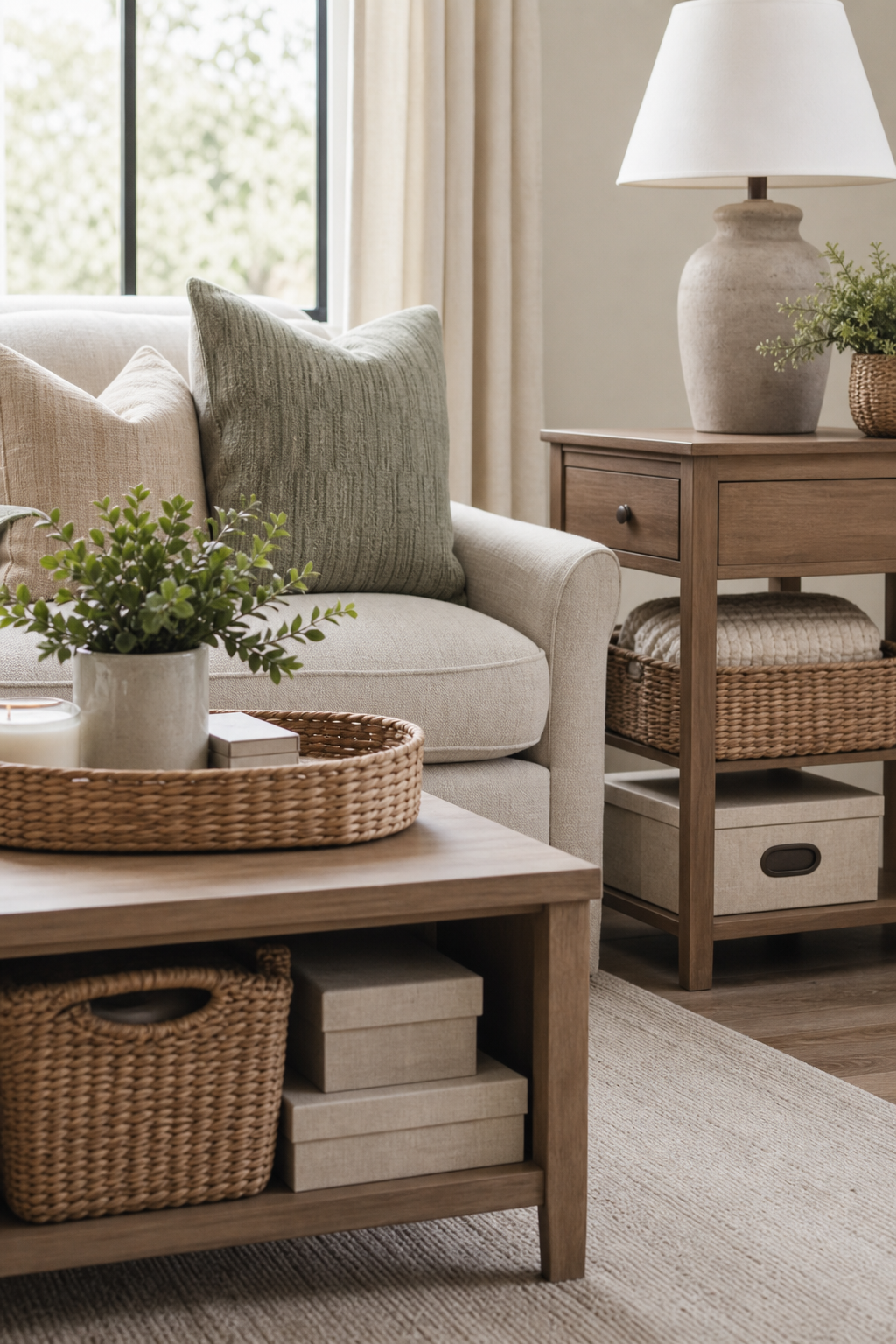 Attractive storage baskets and boxes keeping an aesthetic room calm