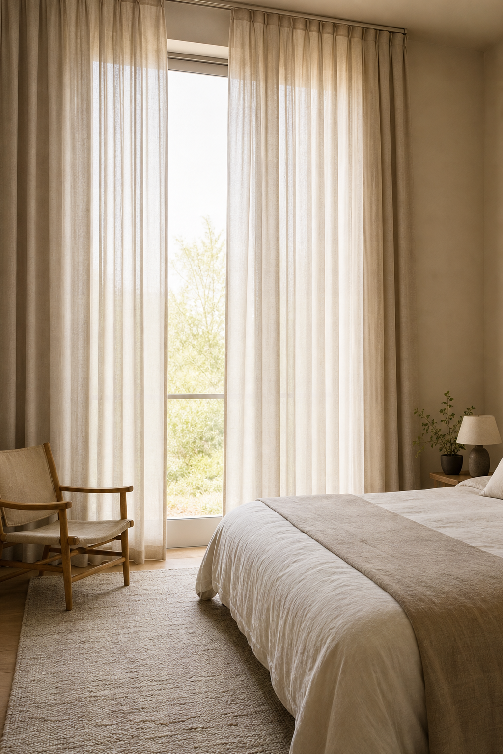Minimal bedroom with full-height linen curtains filtering daylight beside a low neutral bed
