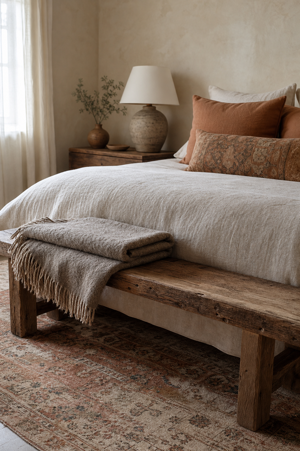 Earthy bedroom with reclaimed wood bench, linen bedding, and folded wool throw