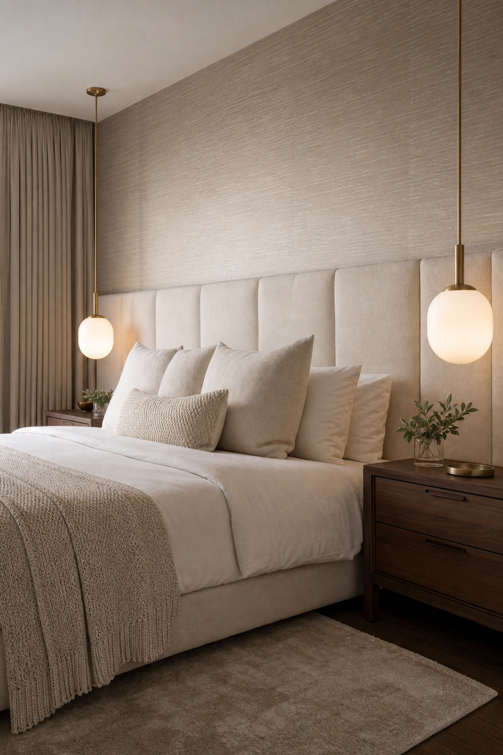 Stylish bedroom with opaline glass bedside pendants, upholstered headboard, compact nightstands, and linen bedding