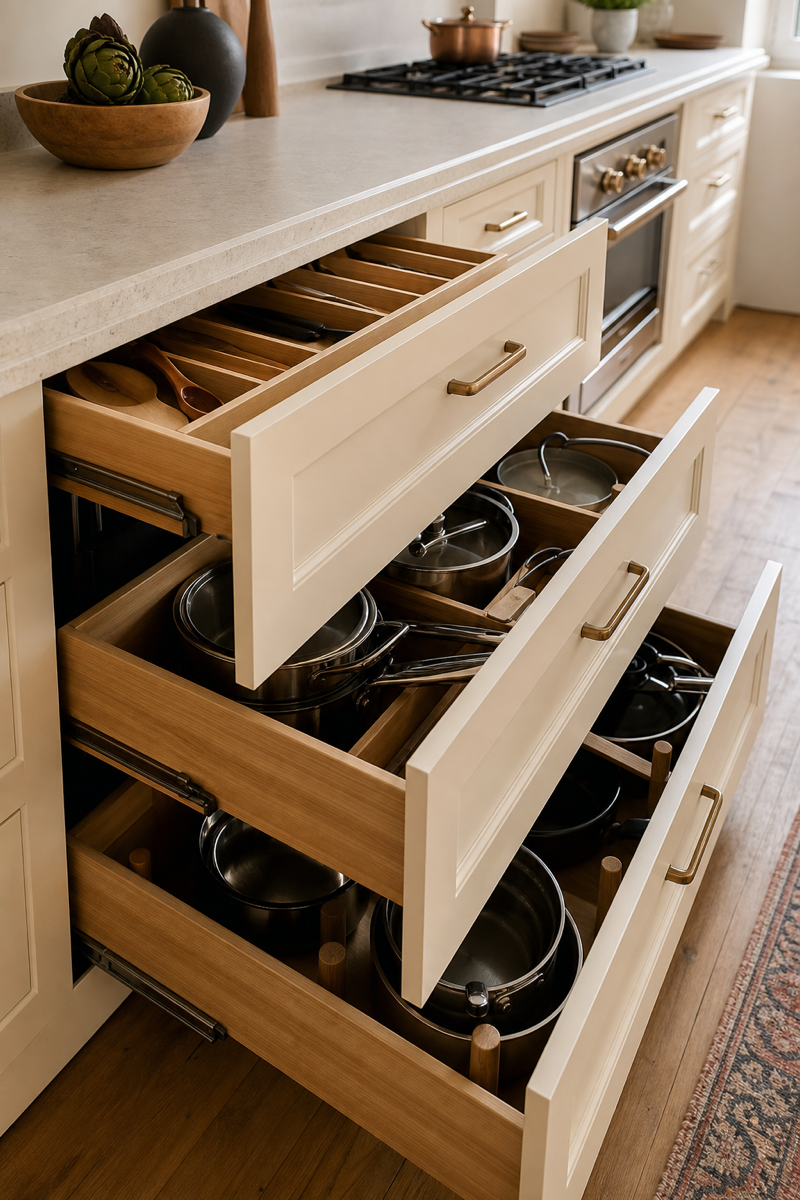 Kitchen deep drawers organized with cookware and warm cabinet fronts