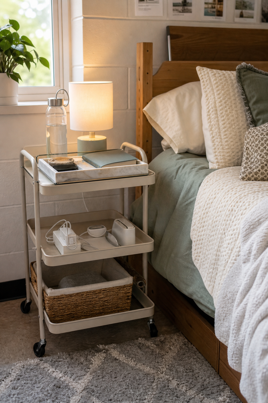 Dorm bedside rolling cart styled with lamp, tray, chargers, and basket storage