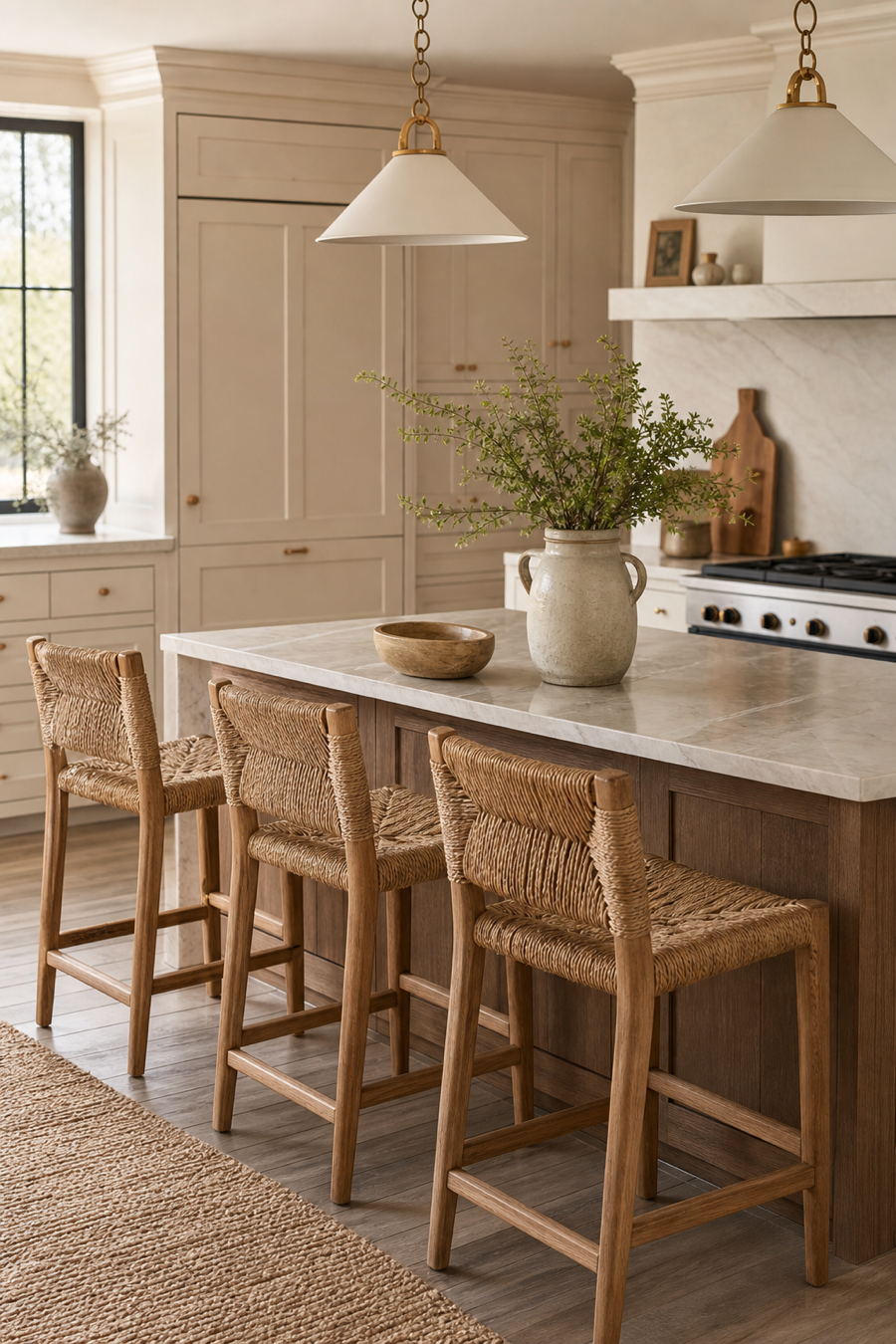 Kitchen island with textured woven counter stools