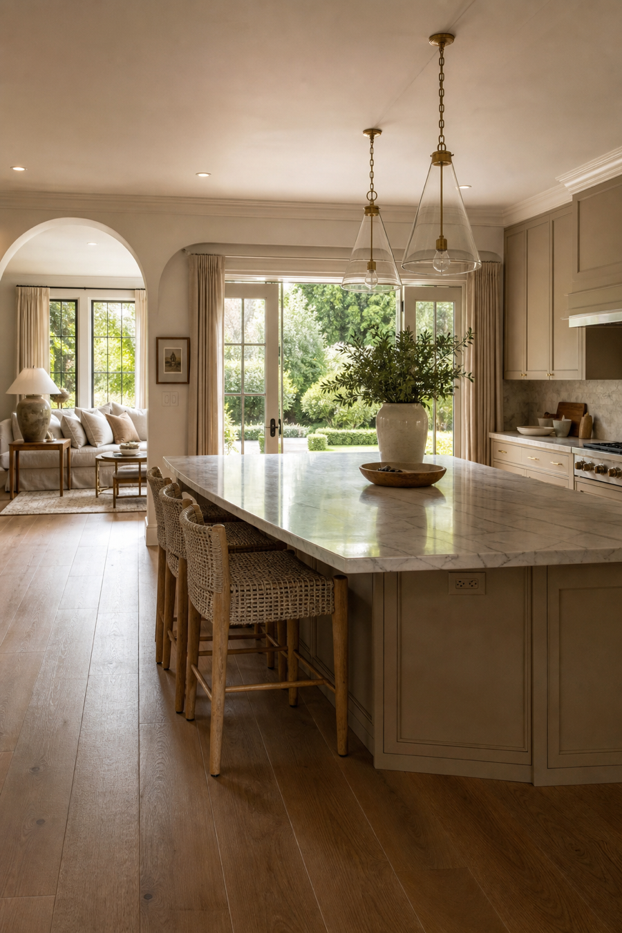 Open kitchen island seating oriented toward the living room view