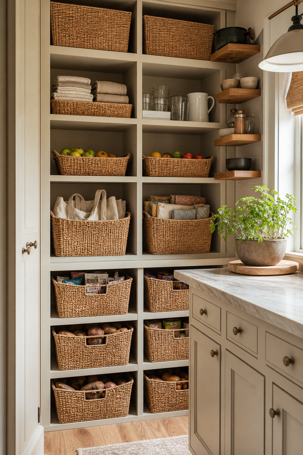 Cozy kitchen pantry with woven baskets, warm wood shelves, and tidy storage