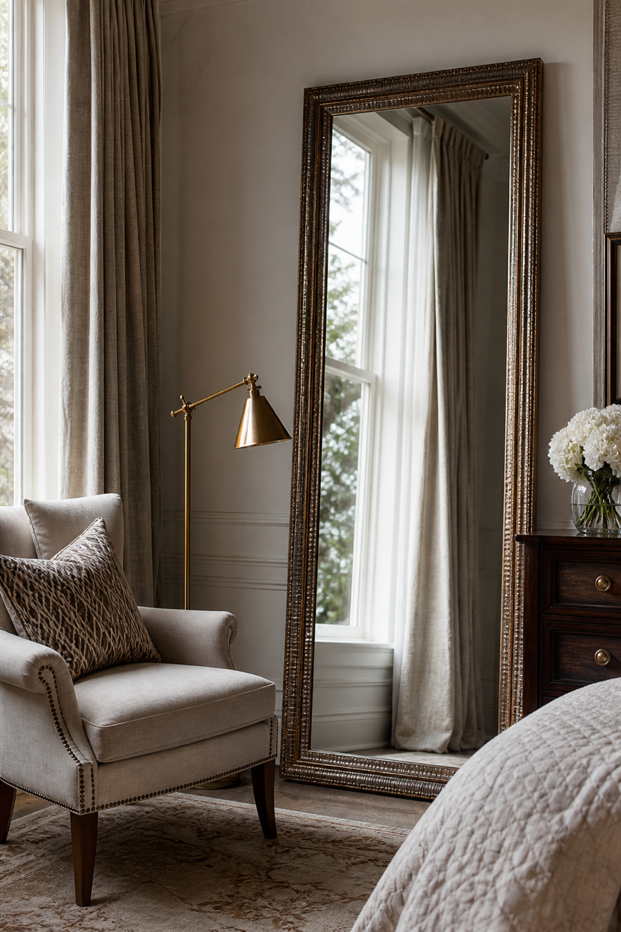 Tall mirror reflecting light in a polished dream room