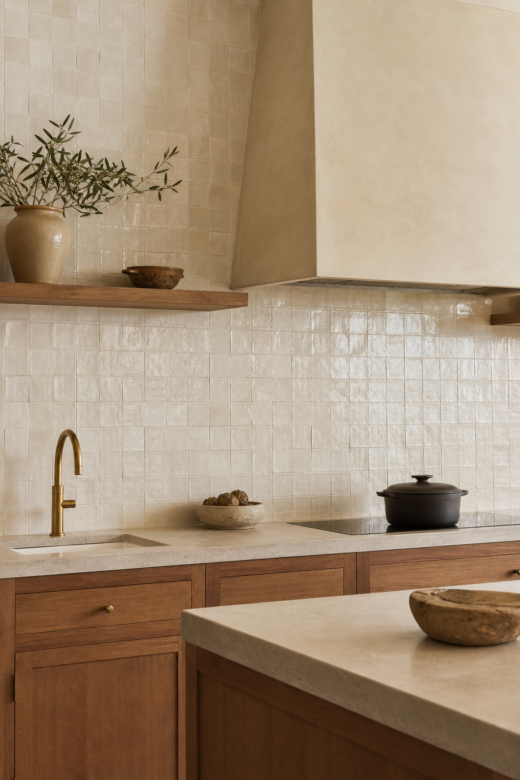 Simple warm kitchen with full-height cream tile backsplash, wood cabinets, and stone counters
