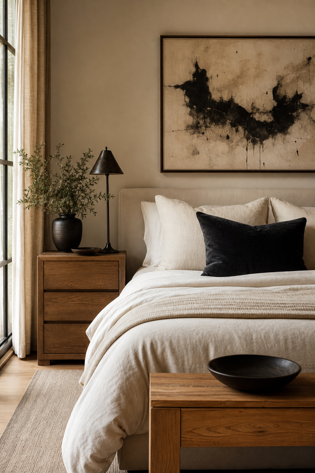 Soft neutral bedroom sharpened with charcoal and blackened bronze accents