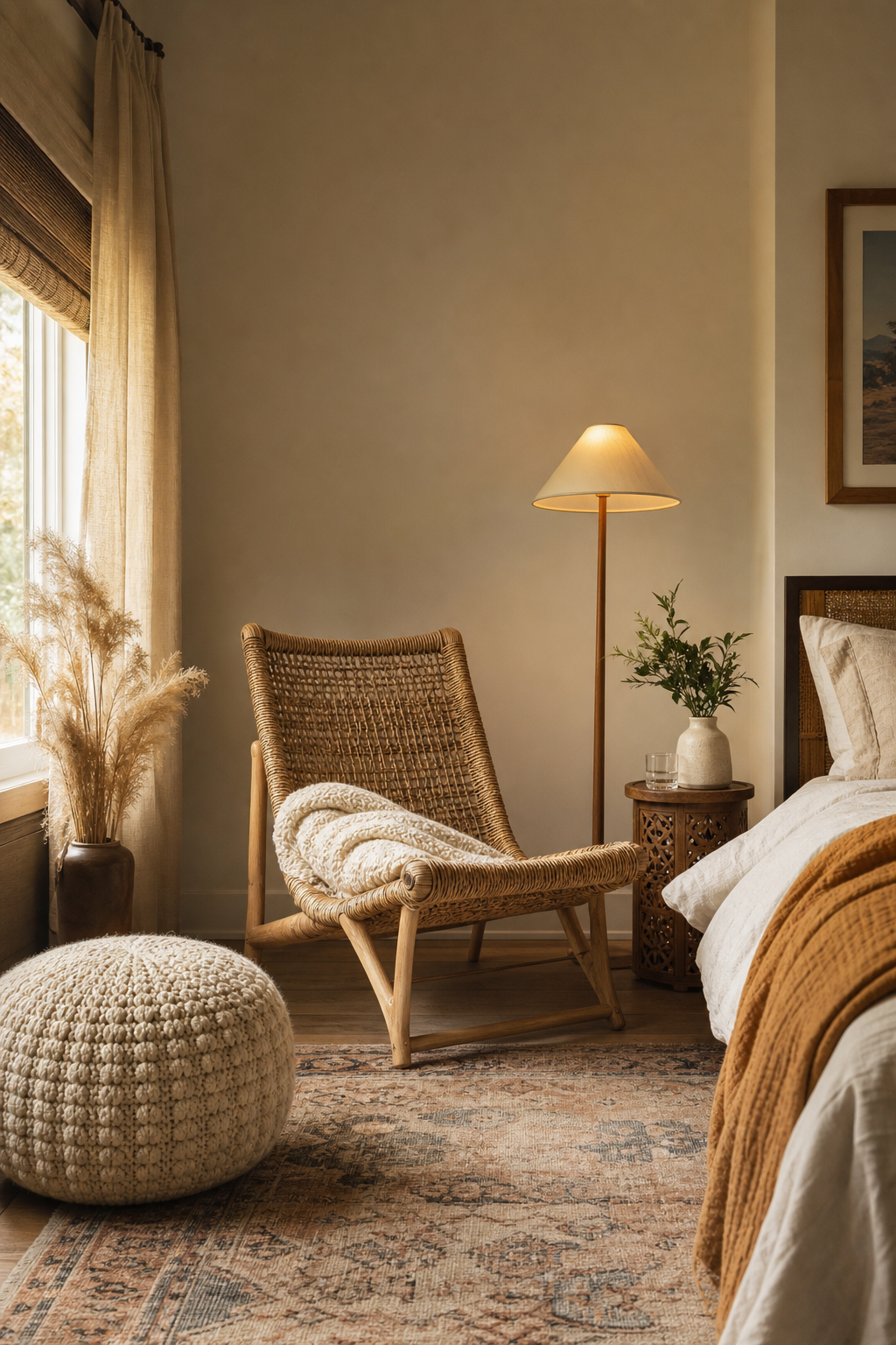 Boho bedroom reading corner with low rattan chair and wool pouf