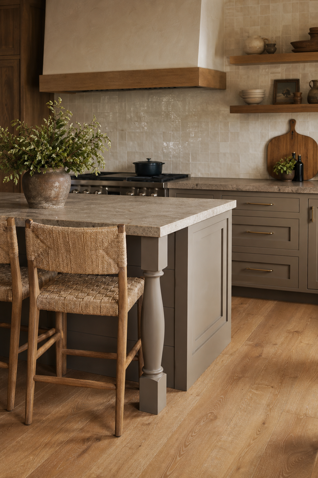 Taupe painted kitchen island mixed with natural textures