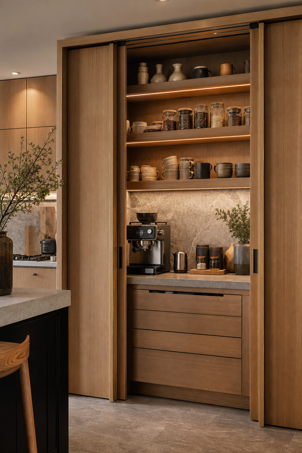 Modern kitchen pantry wall with pocket doors, coffee station, and integrated lighting