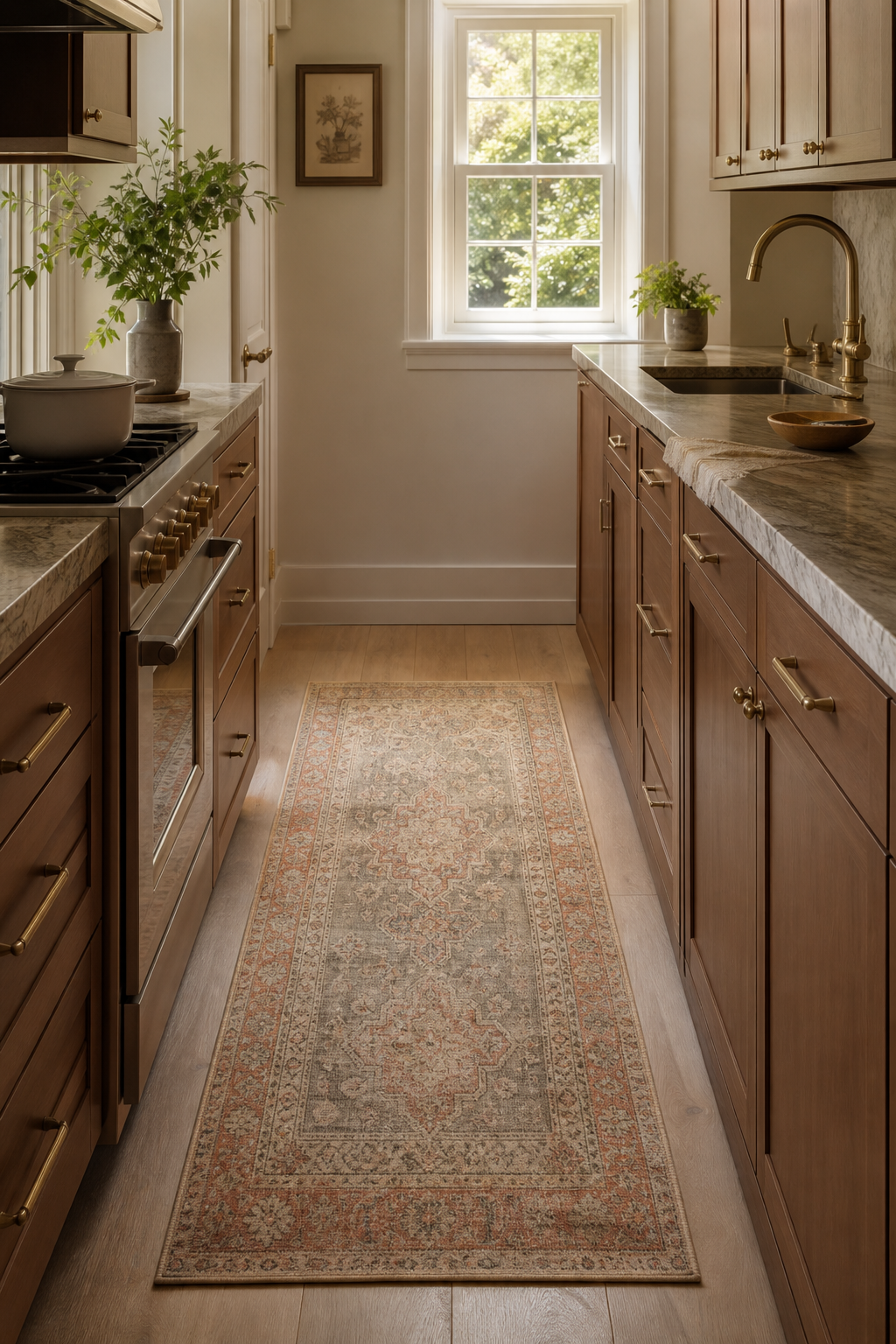 Small galley kitchen with a muted vintage runner rug