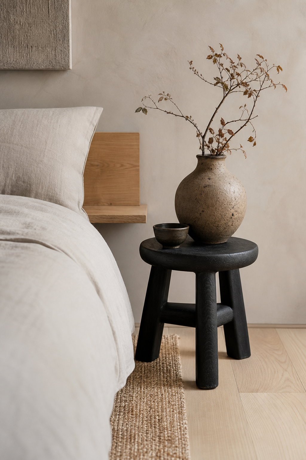 Japandi bedroom with use One Black Accent Stool