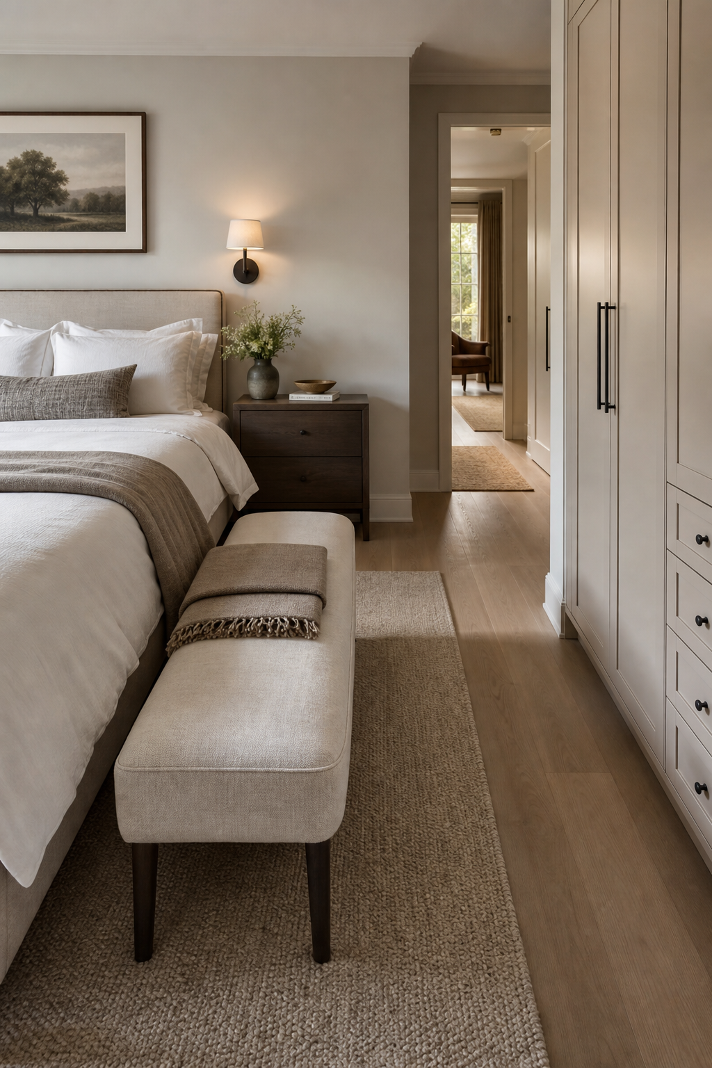 Small bedroom with slim bench at the foot of the bed and clear walkway