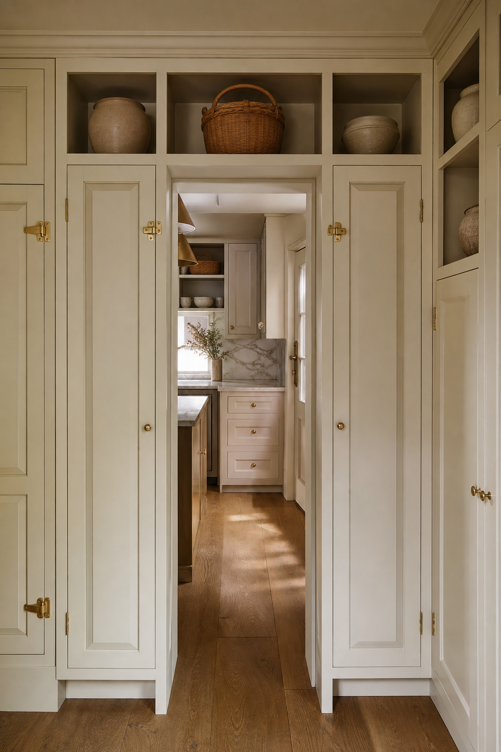 Small kitchen with custom ivory storage cabinets built around the doorway
