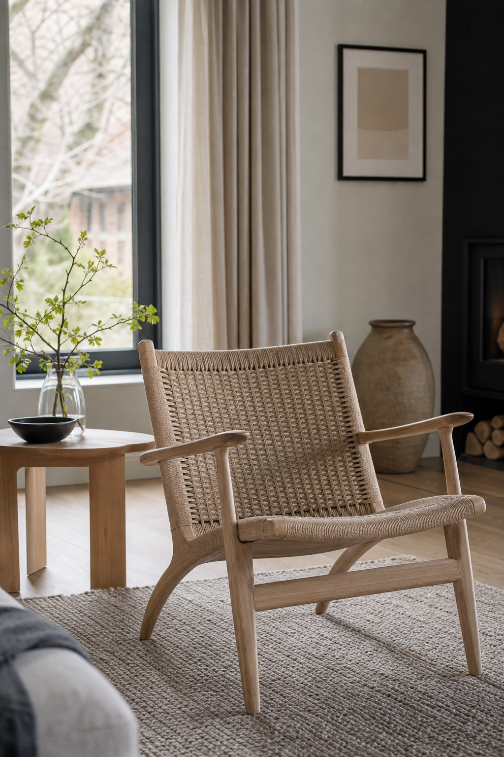 Scandinavian living room with quiet statement lounge chair