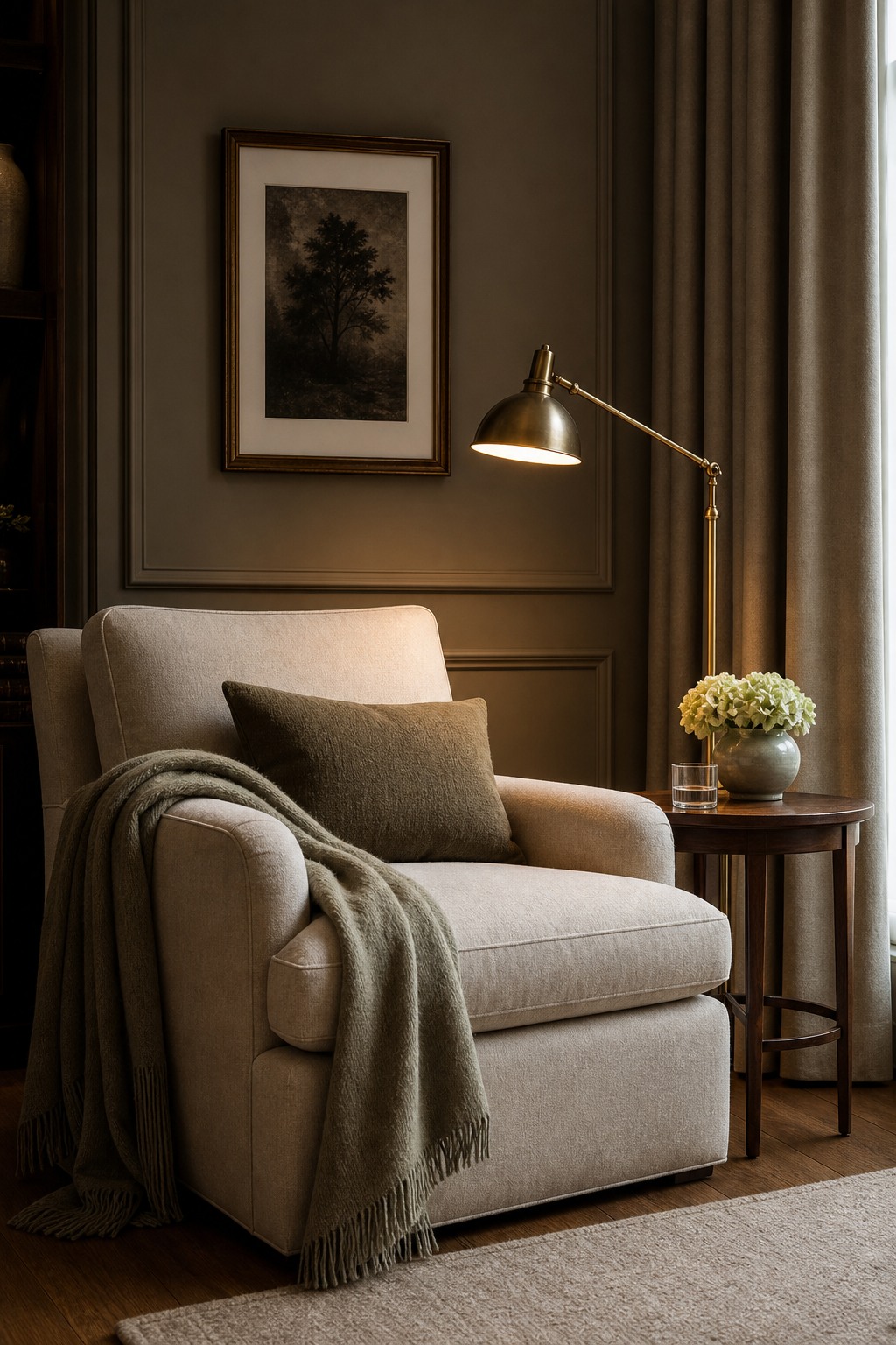 Luxury reading corner with linen club chair, brass floor lamp, walnut side table, books, and soft textiles