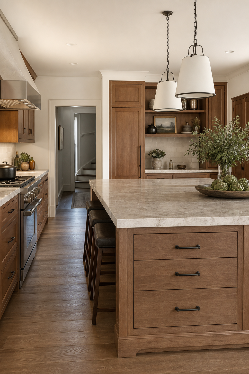a functional island with breathing room in a warm functional kitchen