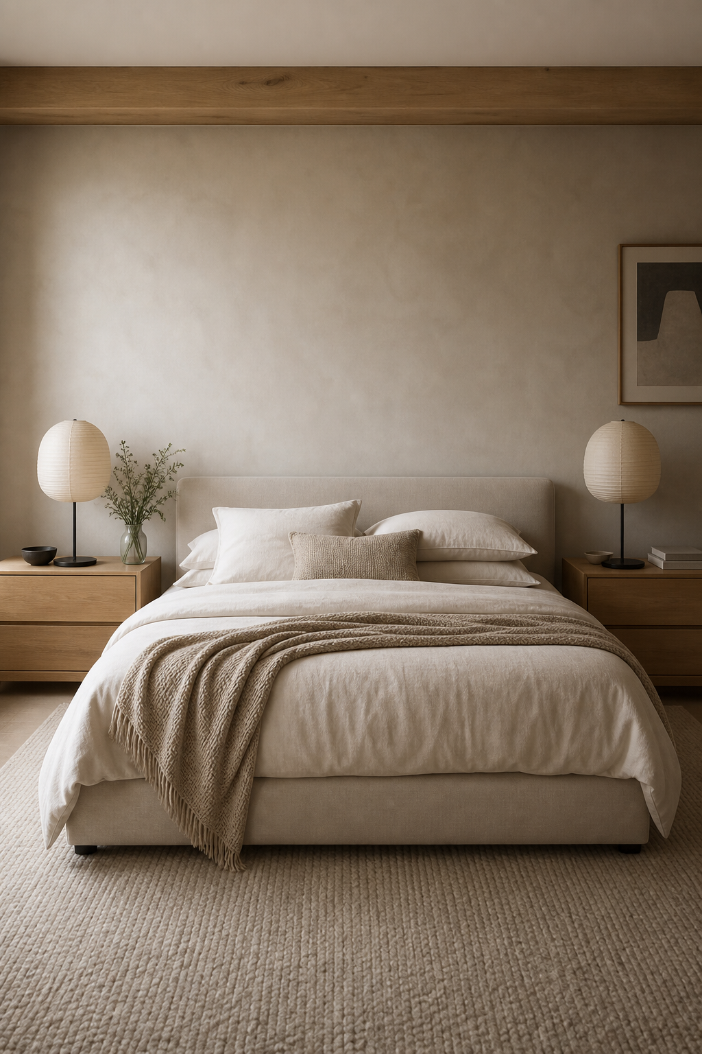 Warm minimalist bedroom with putty bedding, oak nightstands, and soft plaster walls