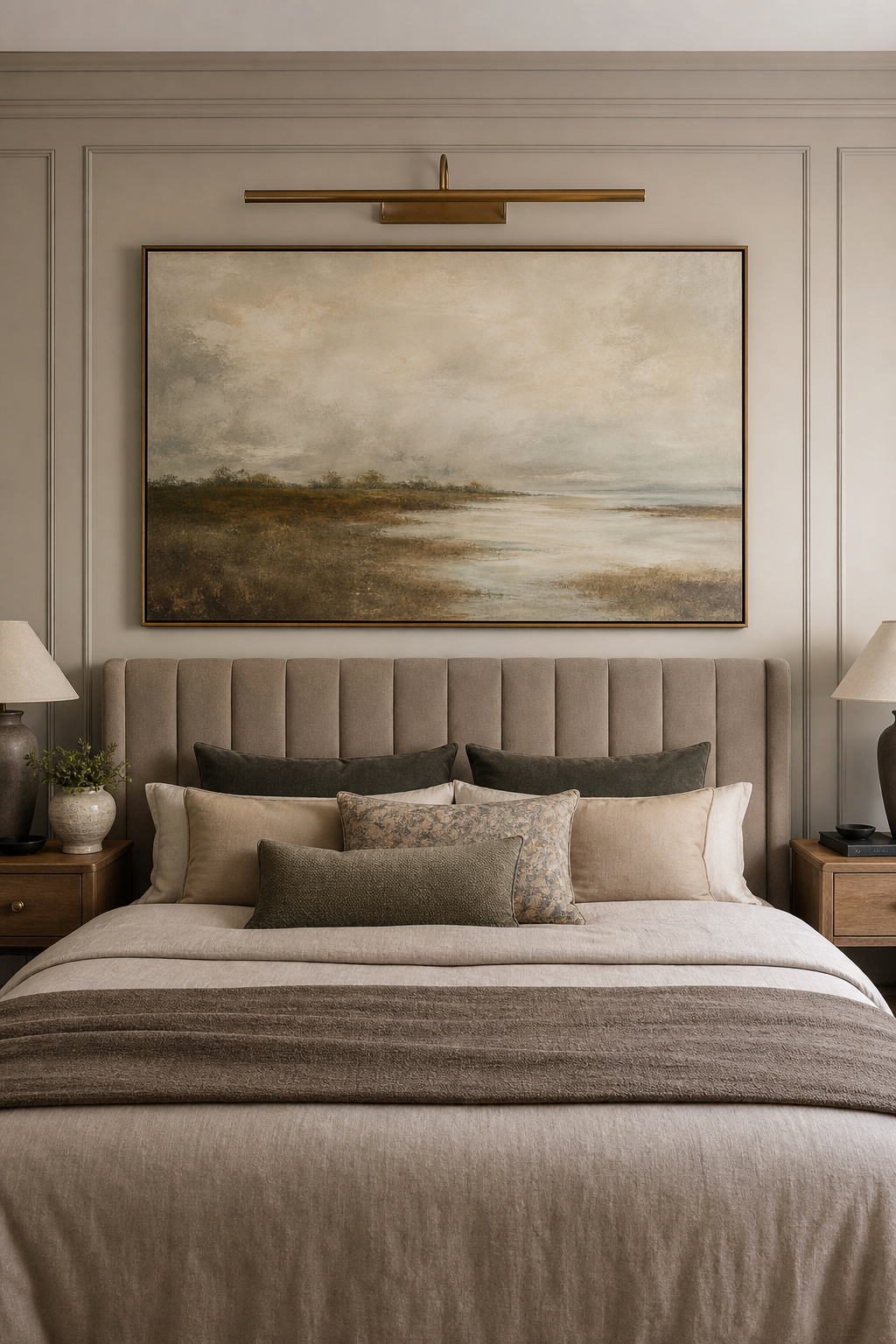 Personal bedroom with large framed artwork above the upholstered bed