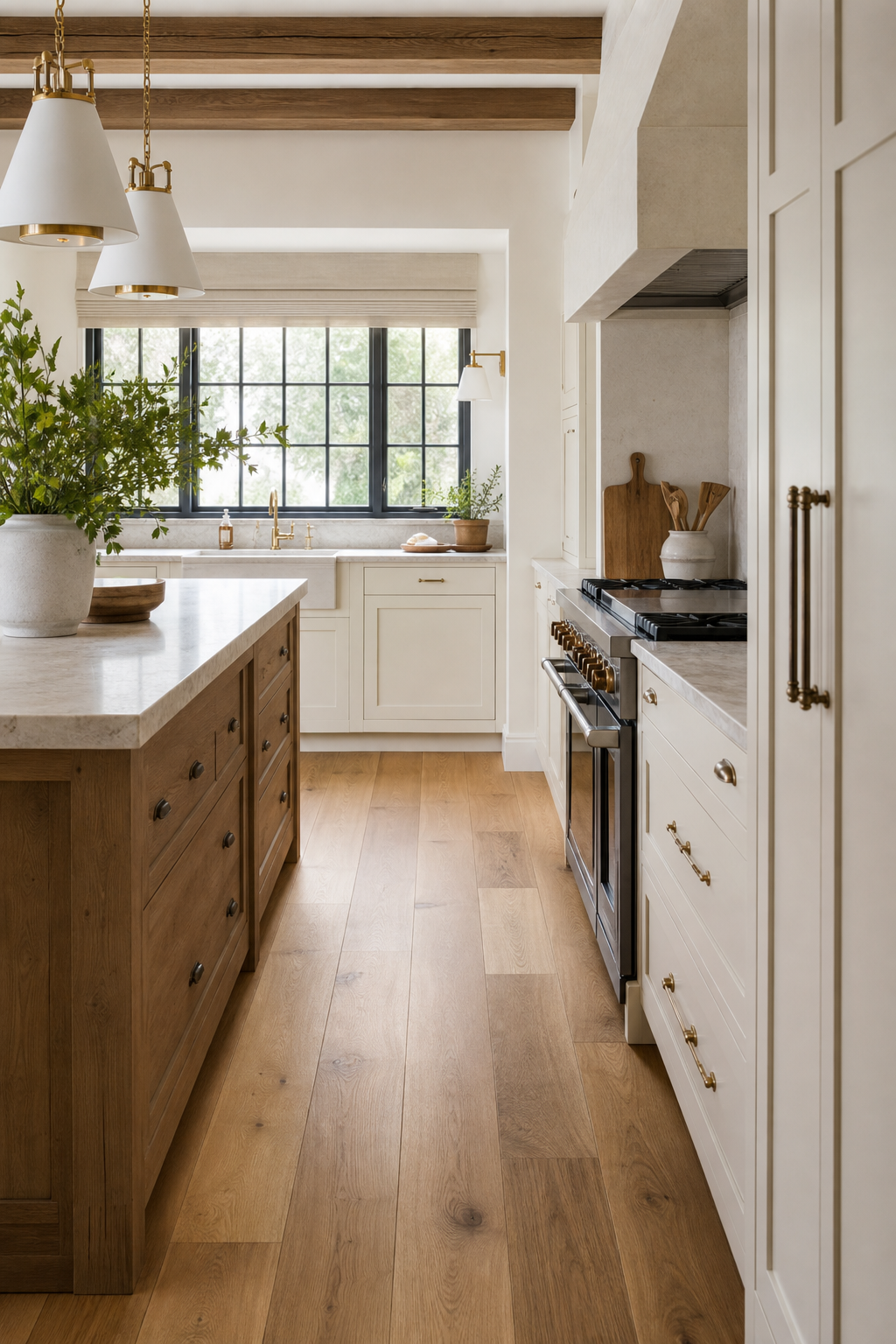 Warm wide-plank wood floors in a modern farmhouse kitchen