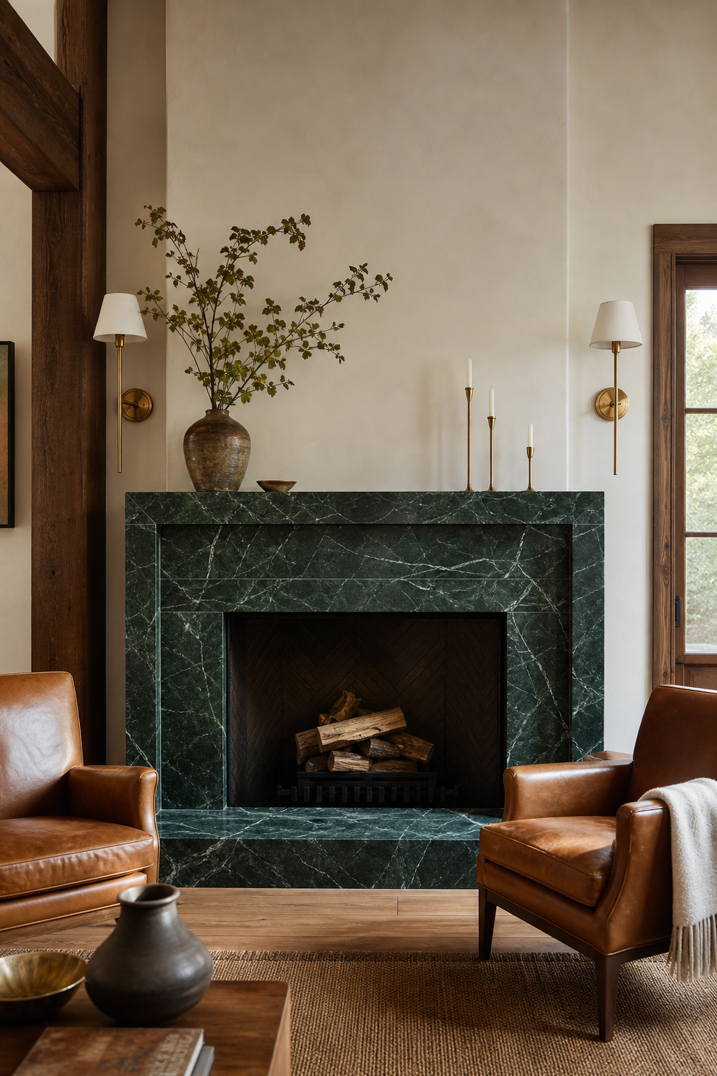Luxury living room with deep green marble fireplace, cognac leather chairs, and brass sconces