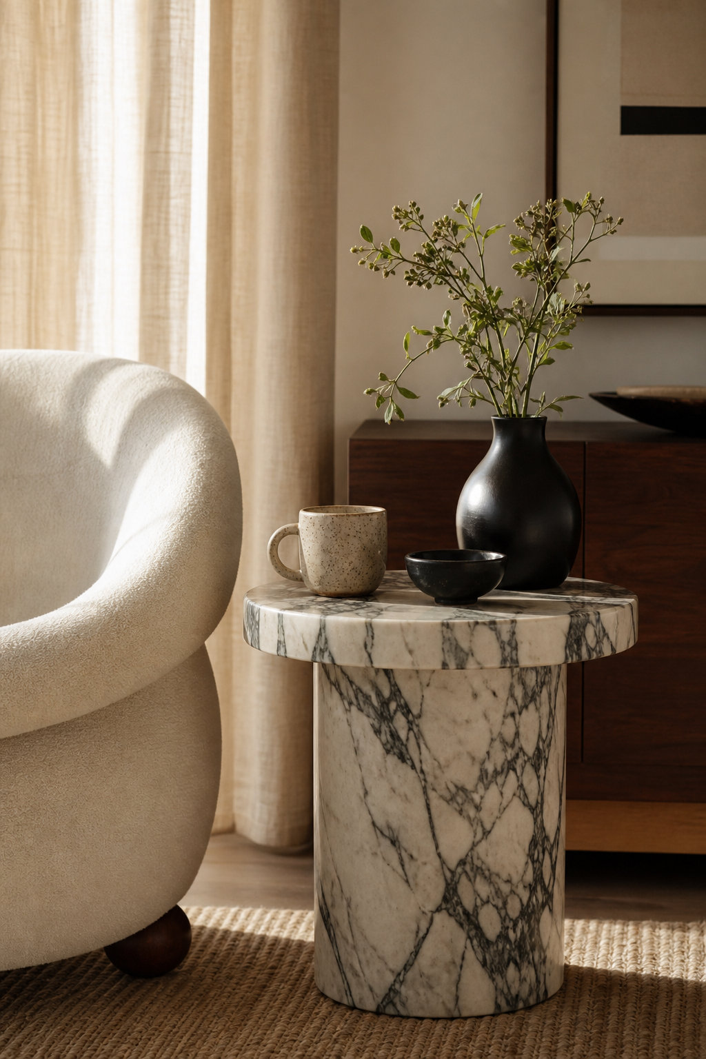 Marble side table beside a sculptural lounge chair