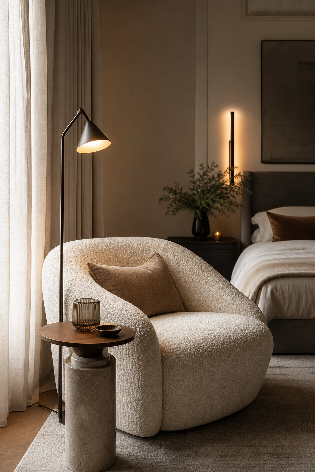 Cozy modern bedroom reading corner with boucle chair and floor lamp