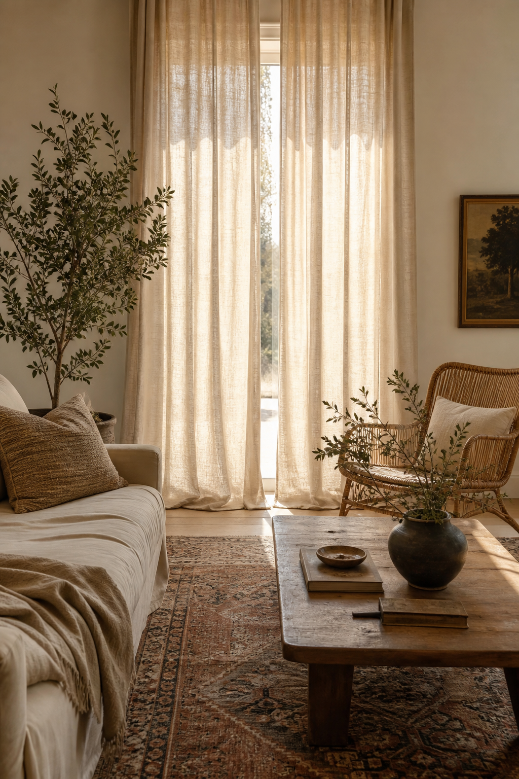 Oatmeal linen curtains adding softness to a designer boho living room