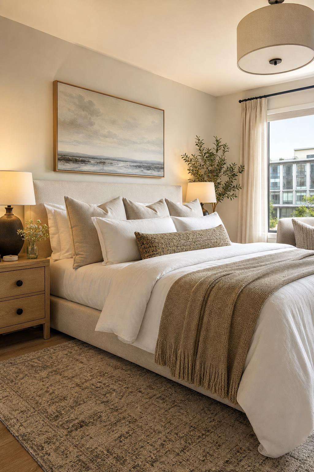 Hotel-level layered bedding in a cozy rental apartment bedroom