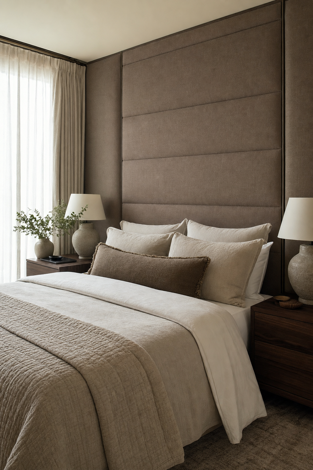Small apartment bedroom with upholstered headboard wall and layered neutral bedding