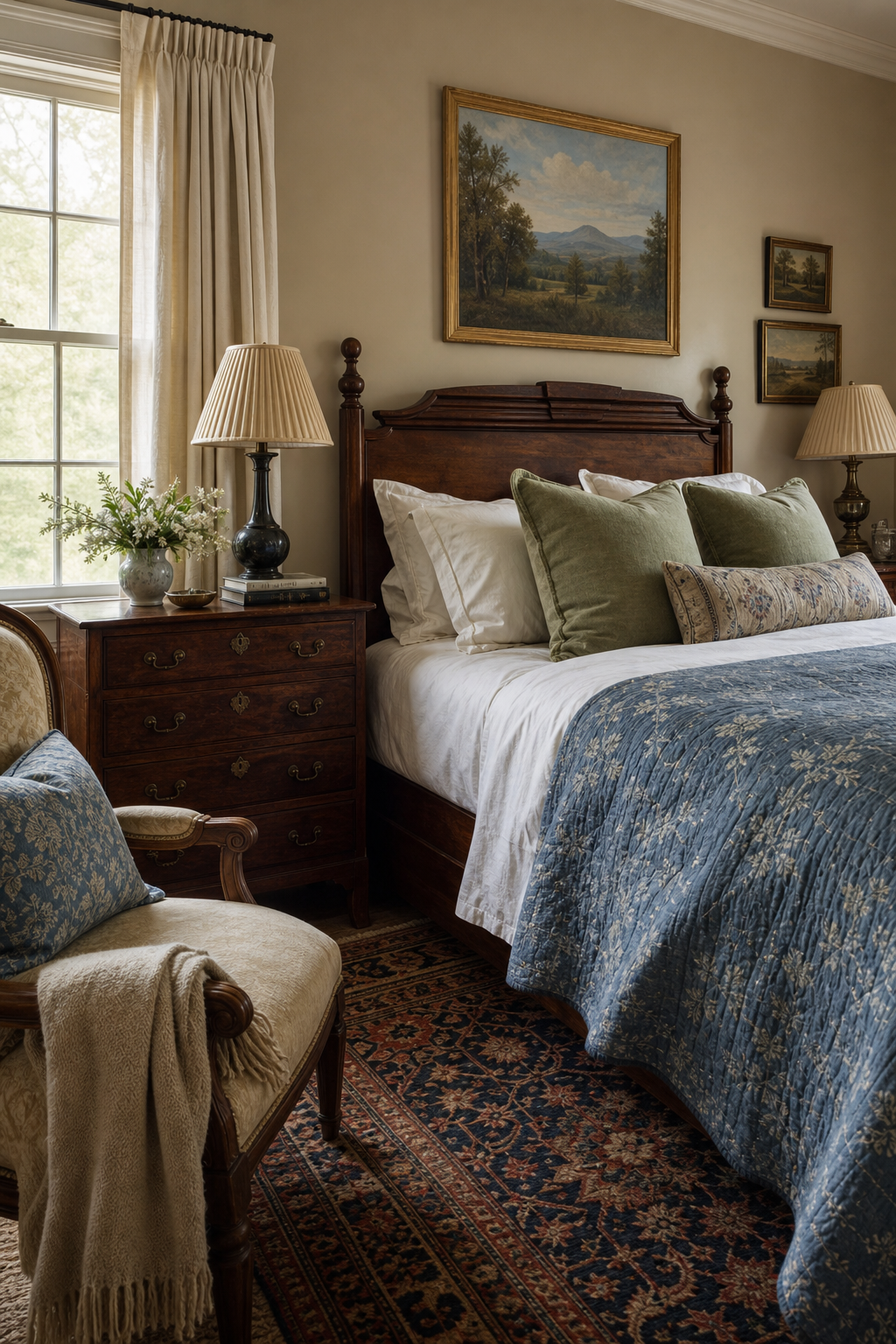 Traditional collected bedroom with antique chest, patterned rug, and layered bedding