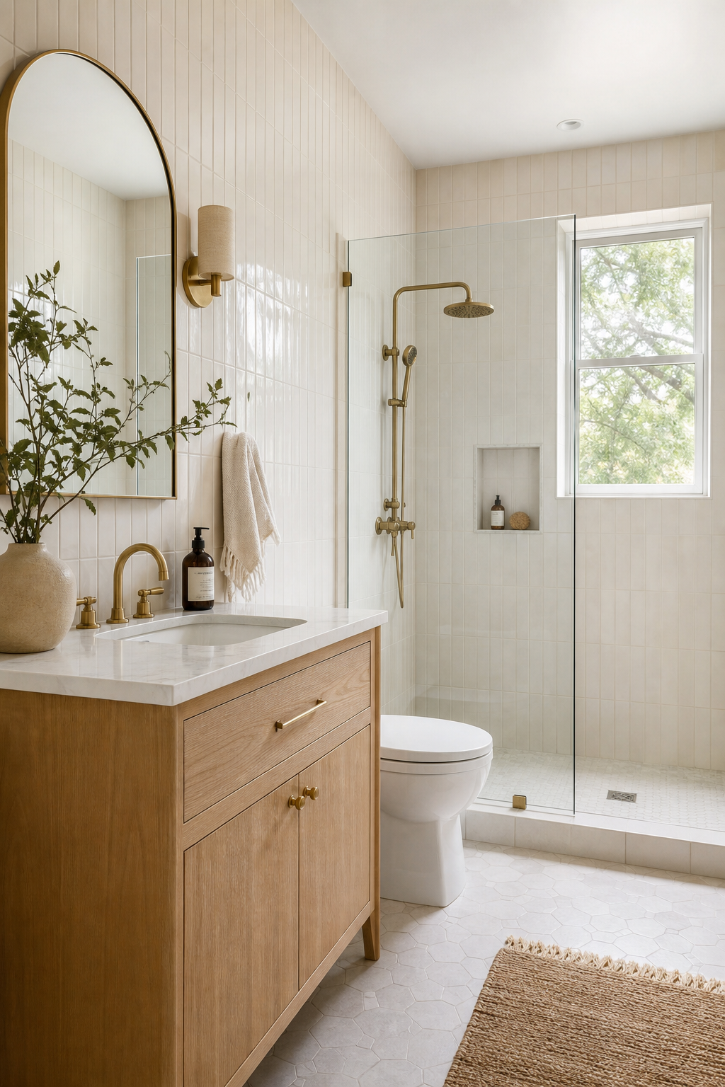Small full bathroom idea with try vertical wall tile to lift the ceiling
