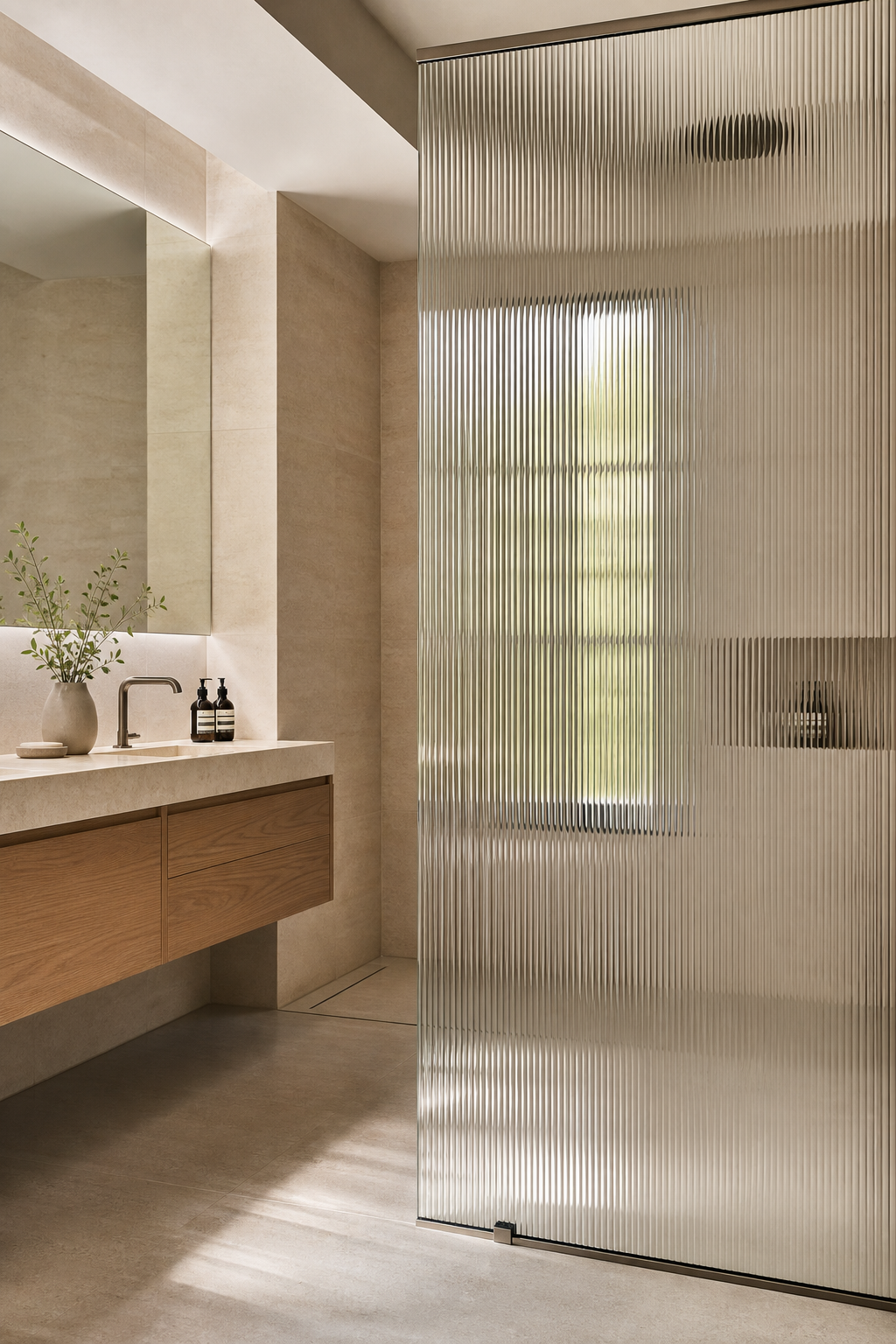 Fluted glass shower partition adding texture to a modern bathroom