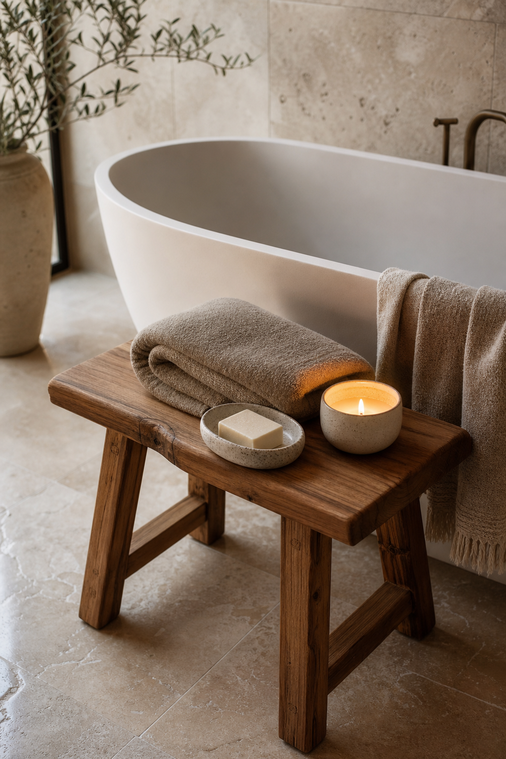 Teak stool beside a freestanding tub in a spa bathroom