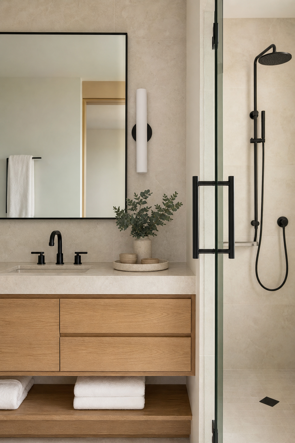 Warm modern bathroom with oak vanity, pale stone, and restrained matte black fixtures