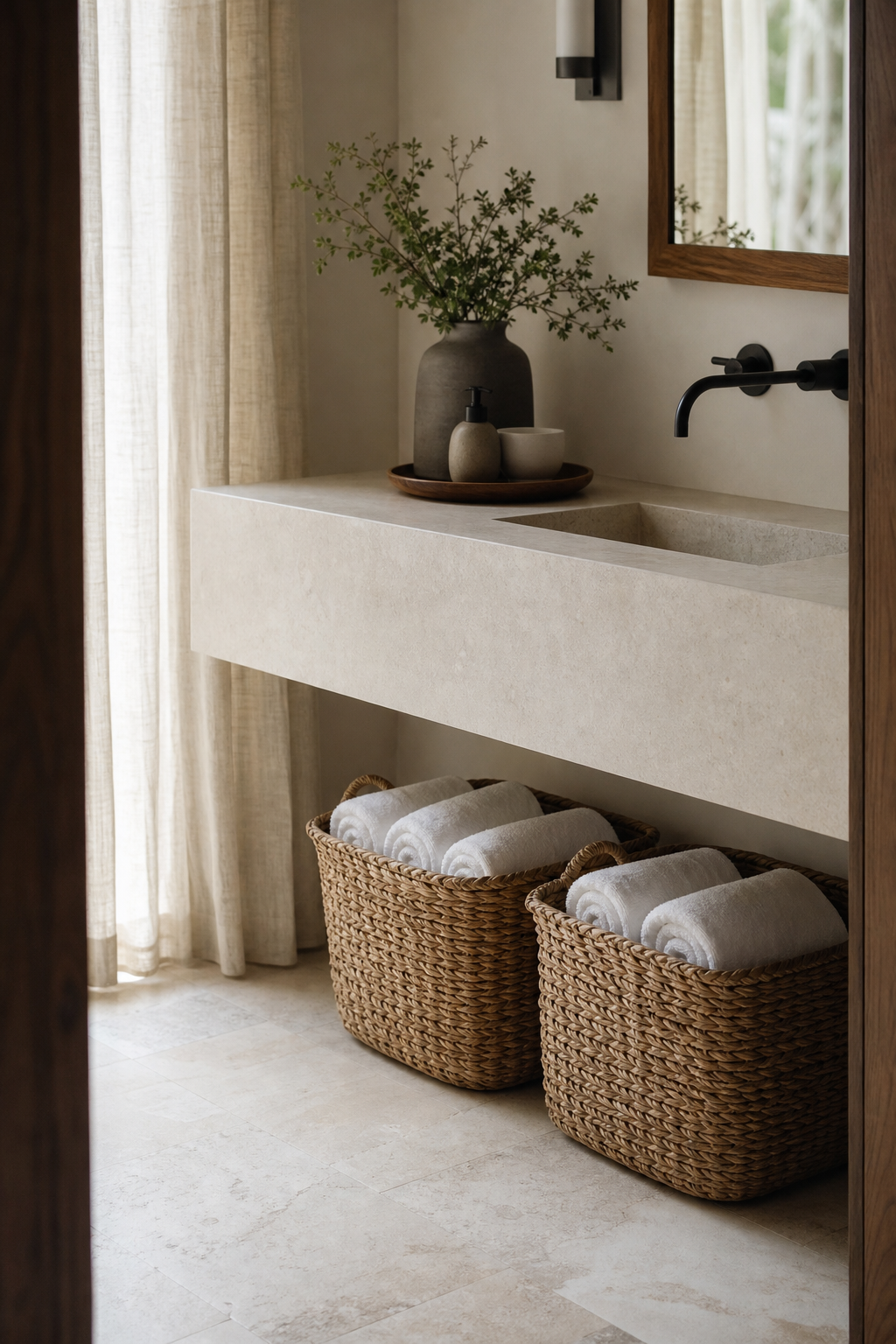 Small bathroom with woven baskets storing rolled towels