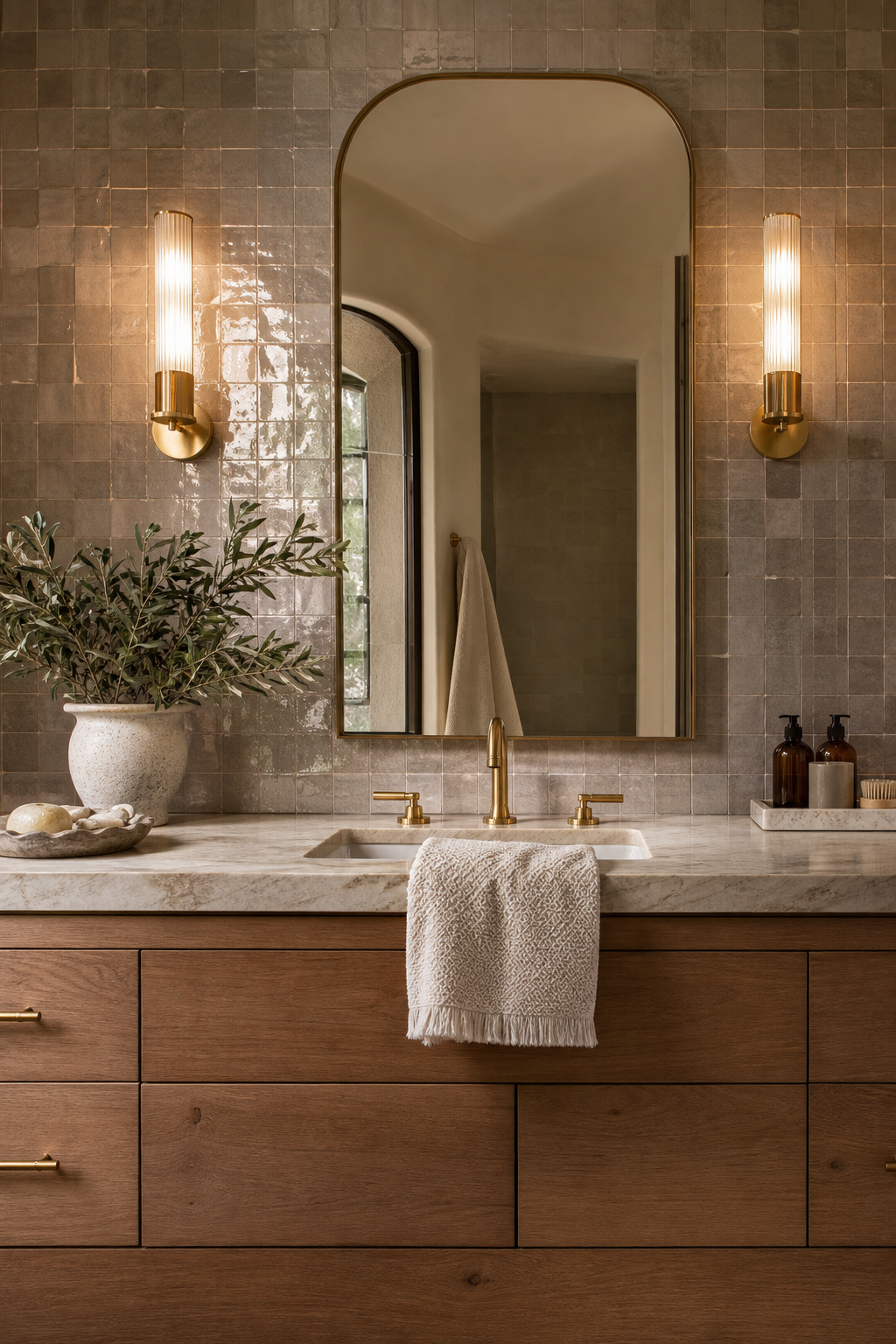 Handmade tile backsplash at a master bath vanity