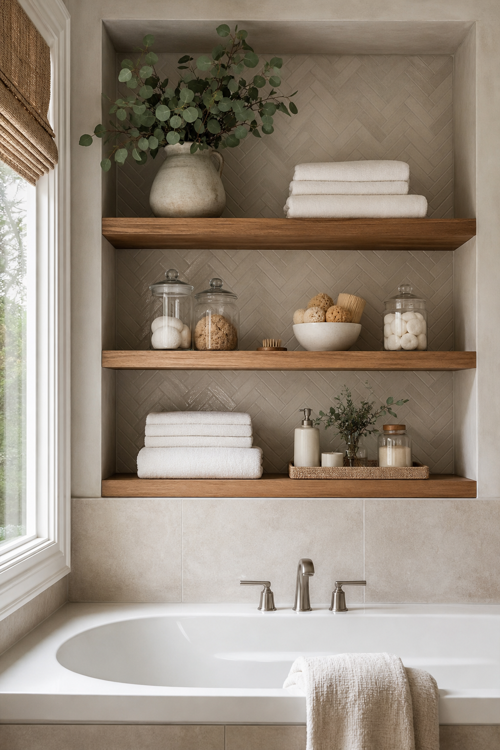 style open shelves like a spa in a cozy spa-like bathroom