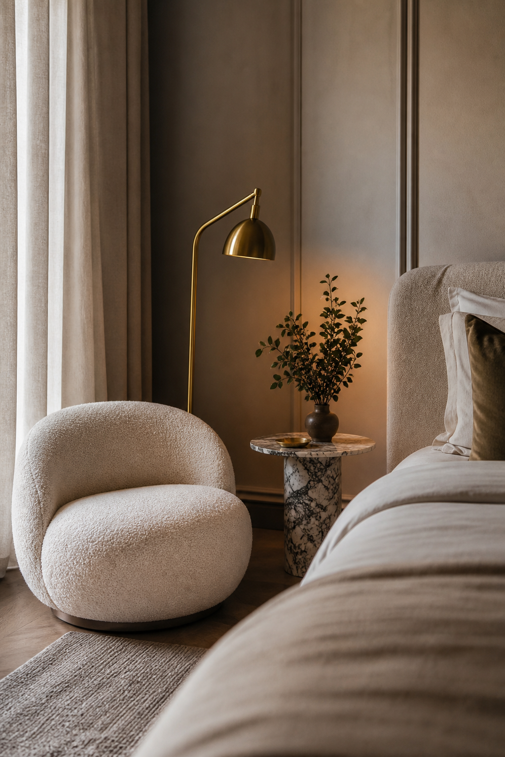 Cozy bedroom reading chair styled with a small table and floor lamp