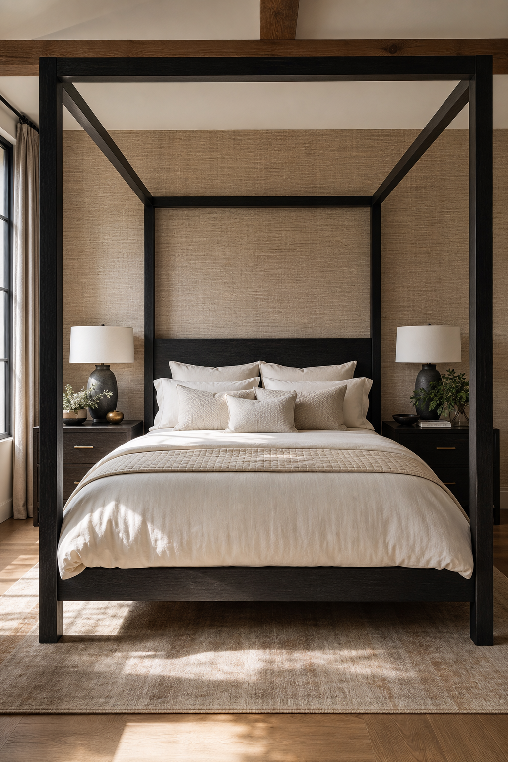 Open four-poster canopy bed without curtains in a sophisticated bedroom