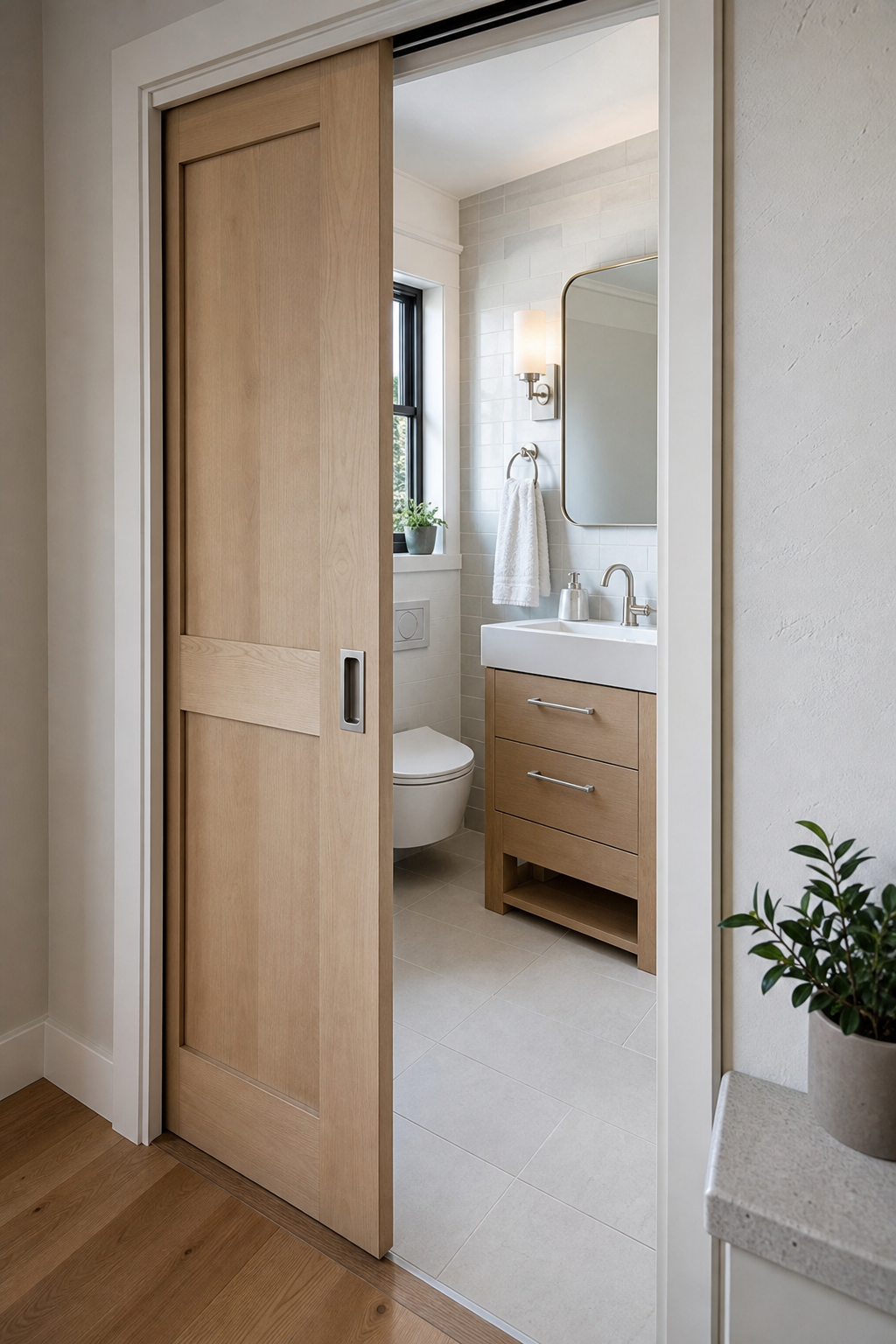 Pocket door saving swing space in a tiny bathroom renovation
