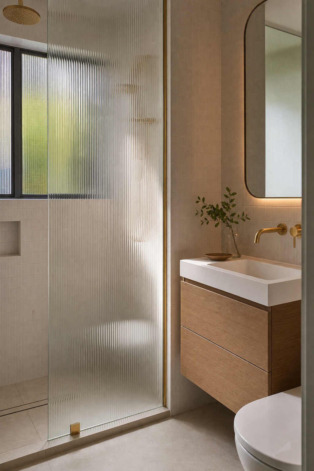 Small bathroom interior idea with use fluted glass for privacy and light