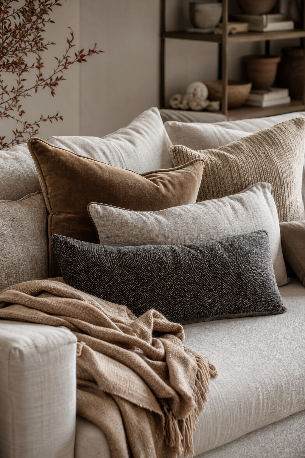 Cozy sofa with layered linen velvet and wool pillows