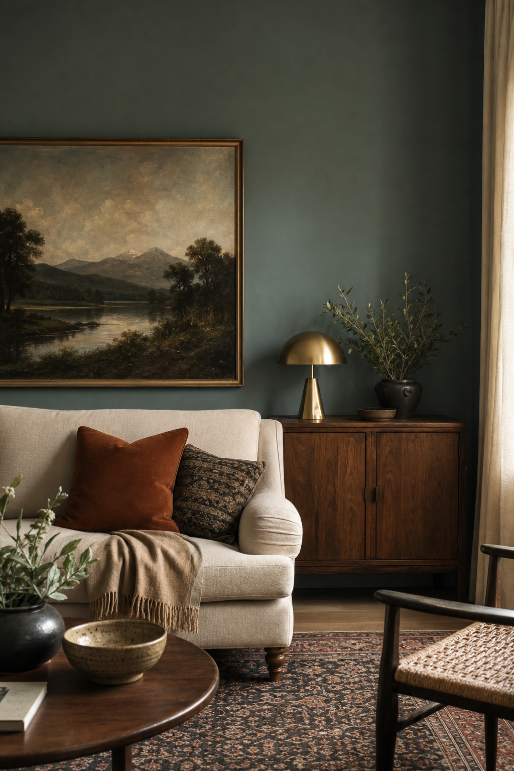 Muted blue-green wall in an eclectic sitting room